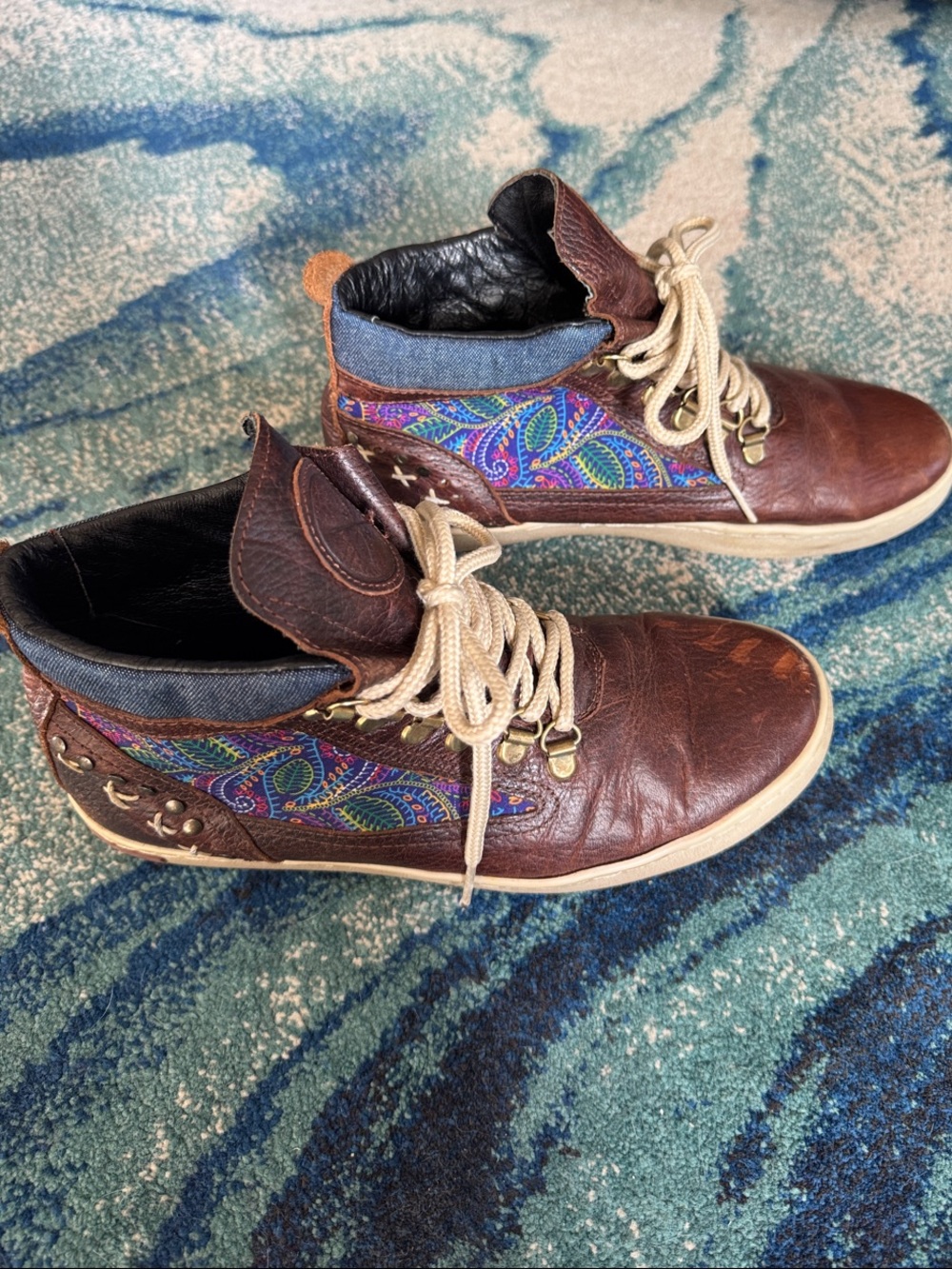 Inkkas Brown Leather High-Top Sneakers with Multicolor Paisley Panels